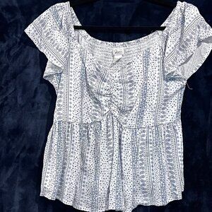 Japna XL White Blue Boho Blouse Top Smocked Peasant Flutter‎ Sleeve Milkmaid